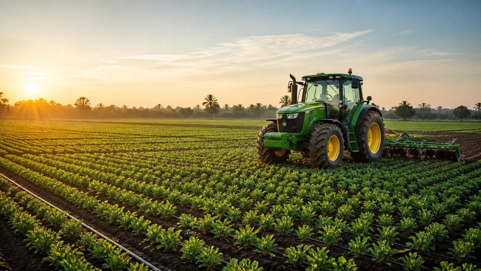 A productive farm with planted rows and a modern tractor