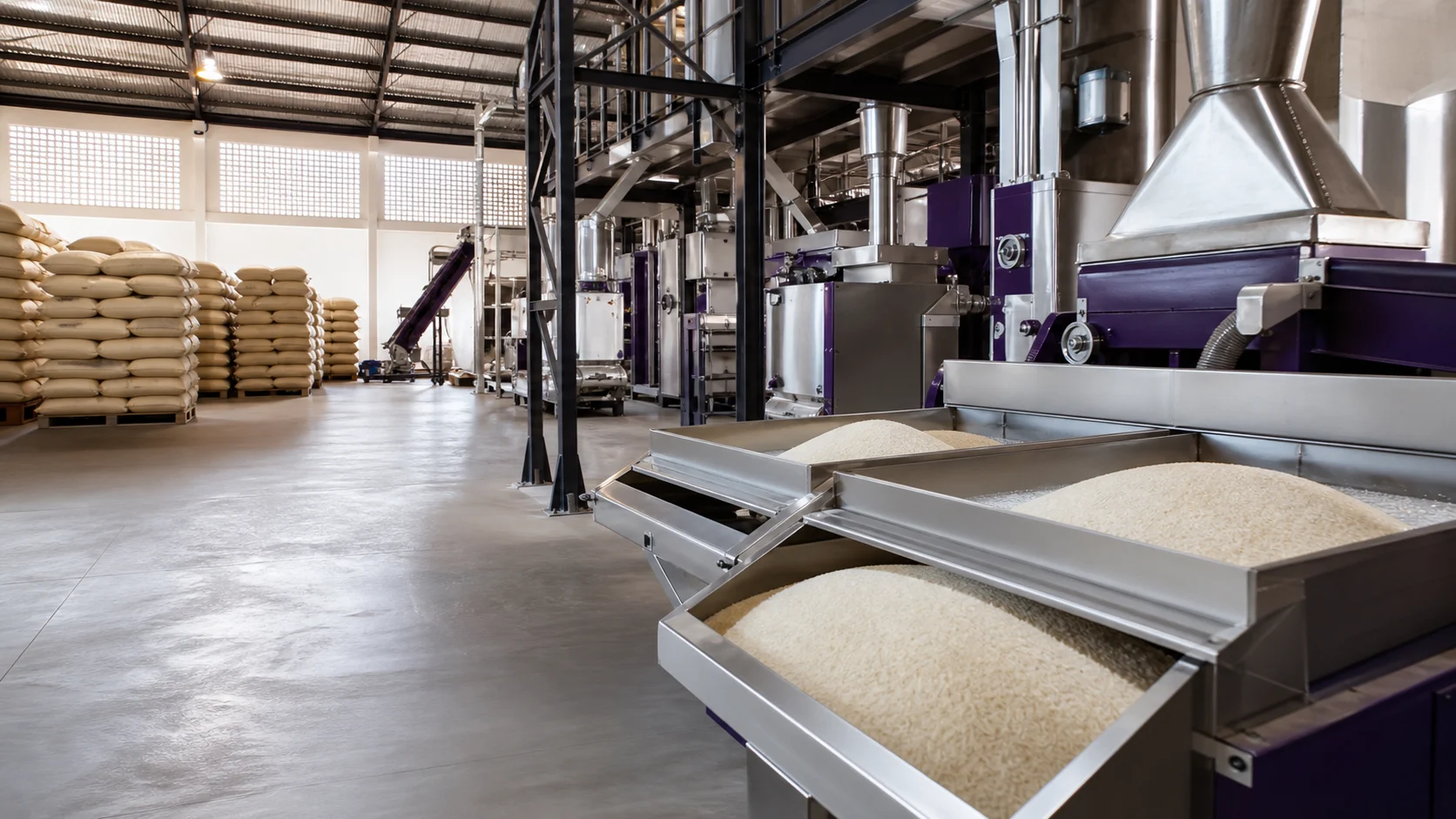 Clean modern rice processing machinery and finished rice