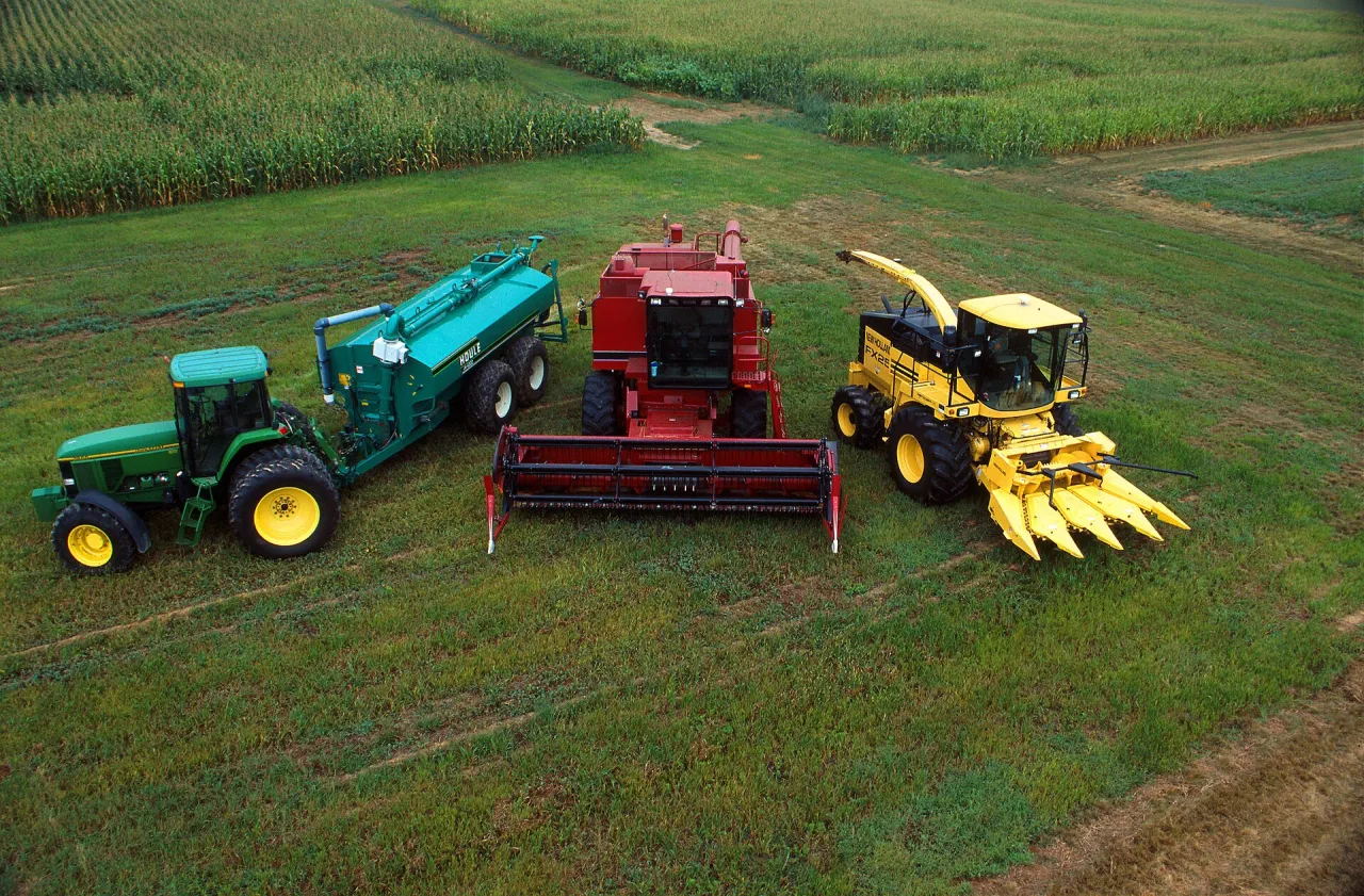 Agricultural machinery in a research farm setting