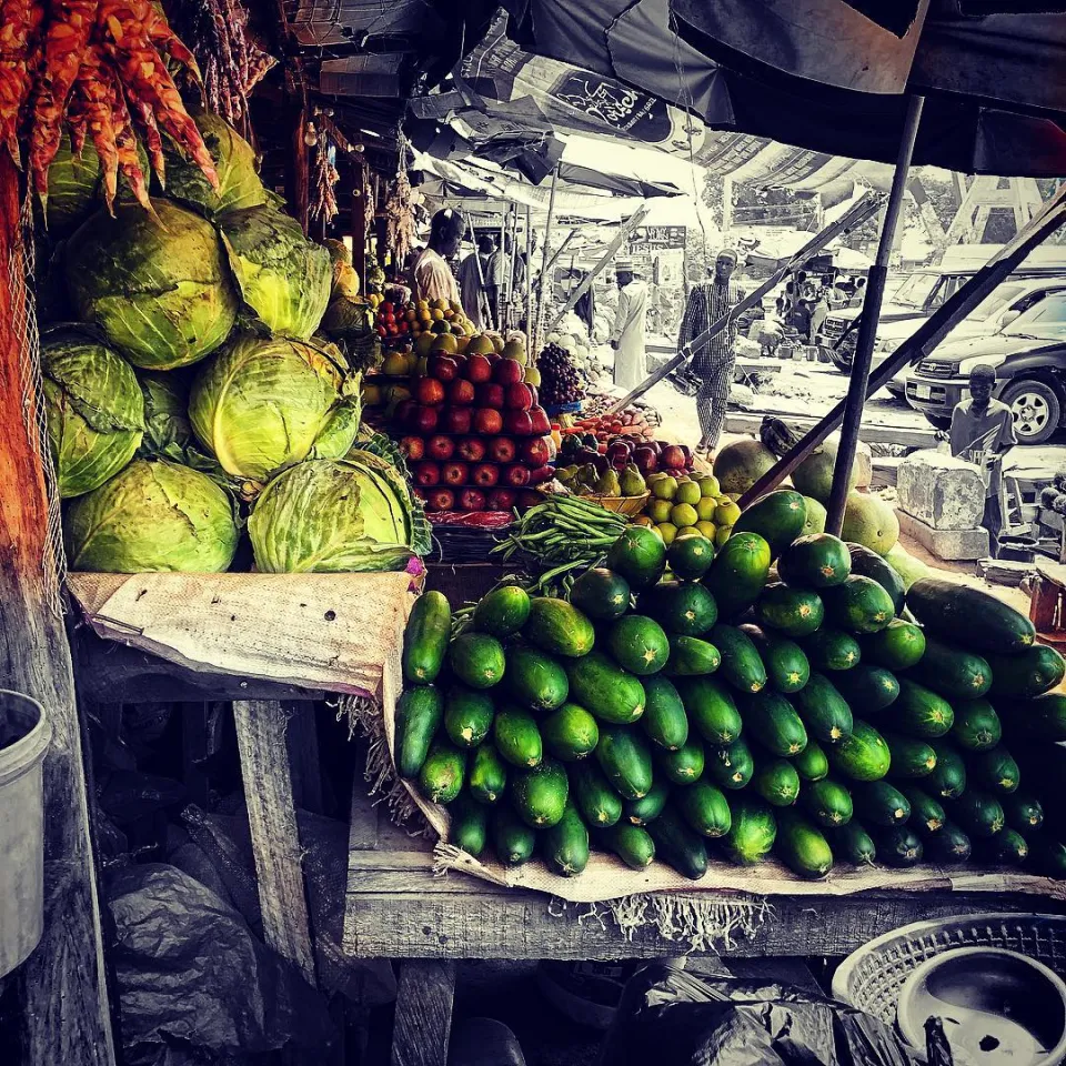 Vegetables including cucumbers, cabbage and tomatoes displayed at Station Market in Kaduna